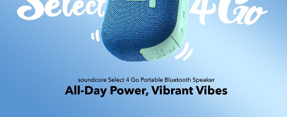 Blue spherical portable Bluetooth speaker partially submerged in water. Text visible: 'Select 4 flo' and 'All-Day Power, Vibrant Vibes'.